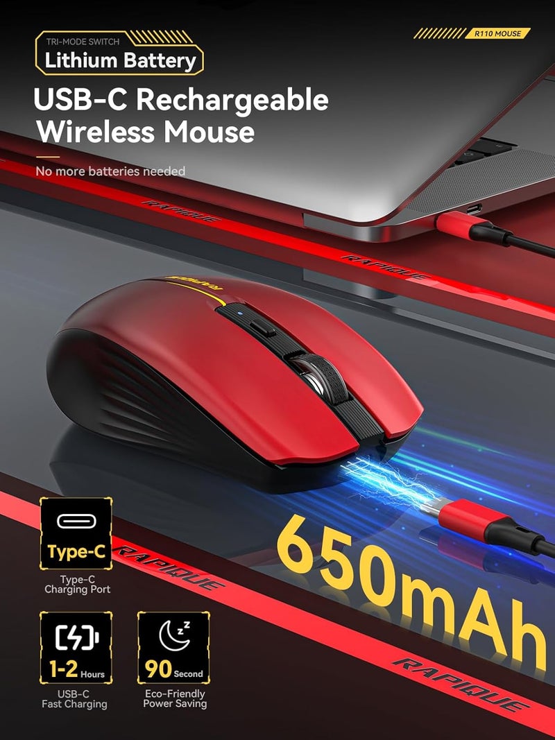 RAPIQUE Bluetooth Wireless Mouse - (BT1/BT2+USB) Tri-Mode High Performance, Rechargeable, Multi-Device Compatible with PC/Laptop/Computer/MacBook/iPad Air Pro (Red Gradient) - Image 5
